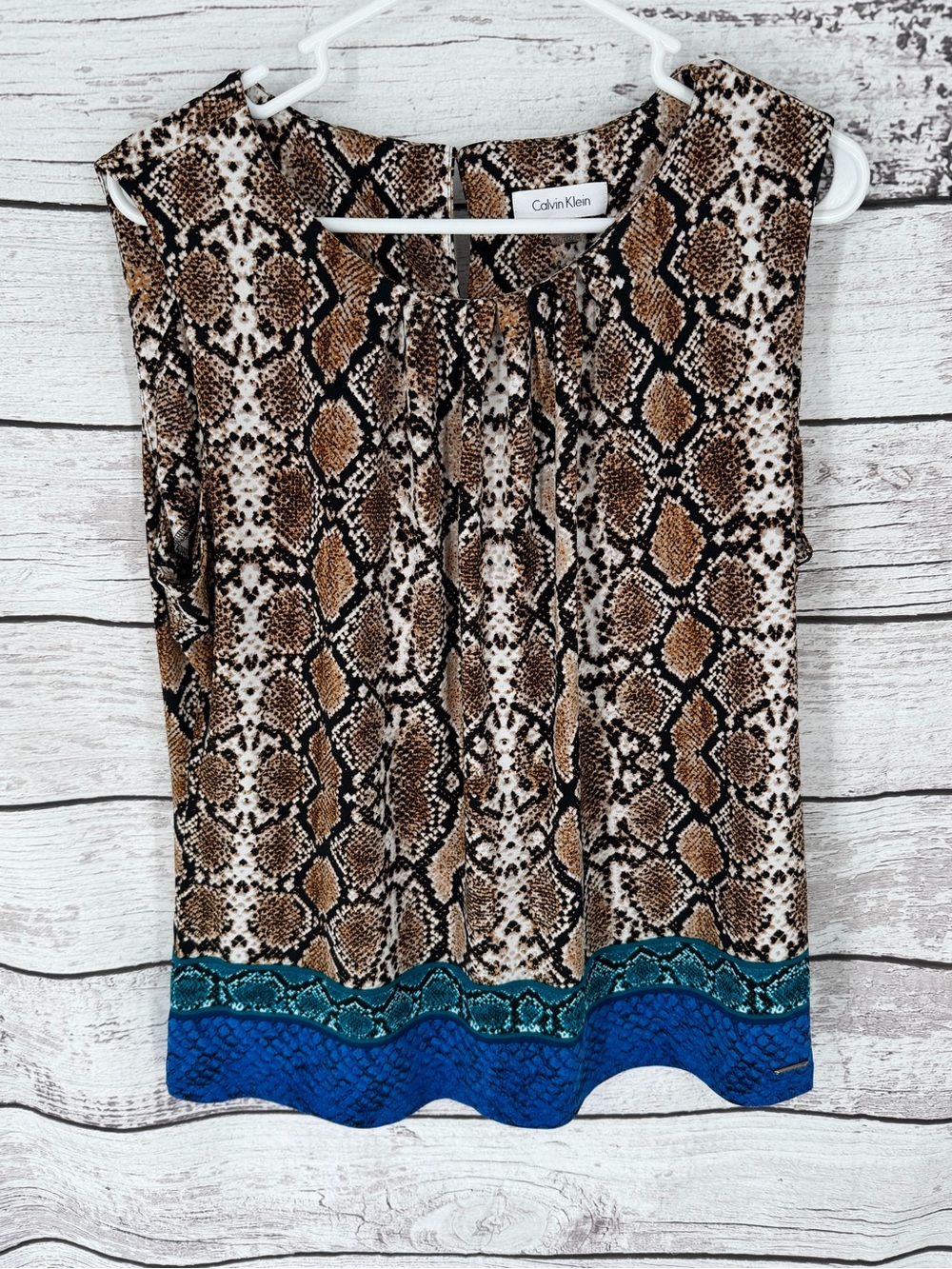 Calvin Klein Snake Print Sleeveless Blouse with Teal and Royal Blue Hem
